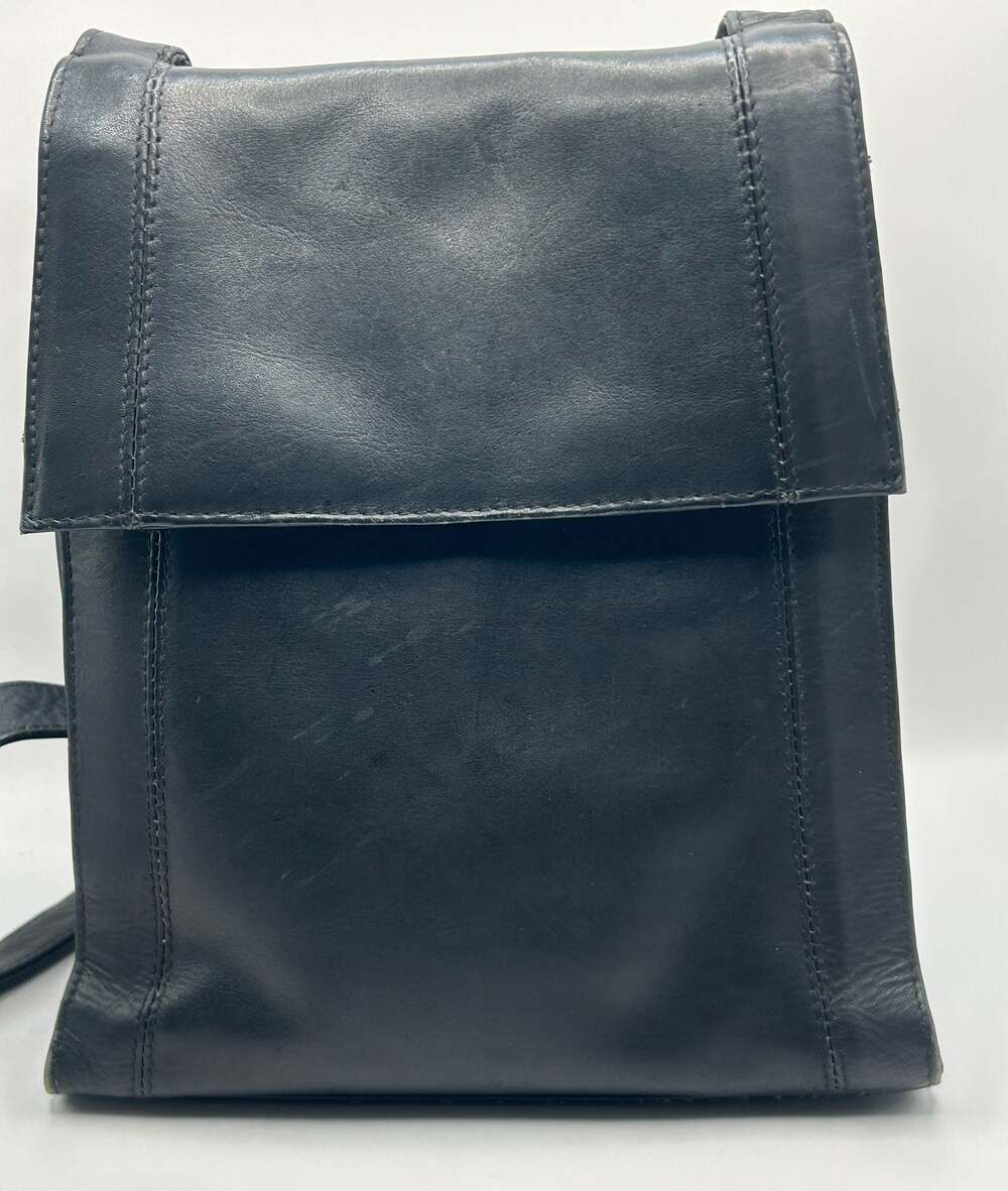 TANO Black Leather Flap Closure Crossbody Bag